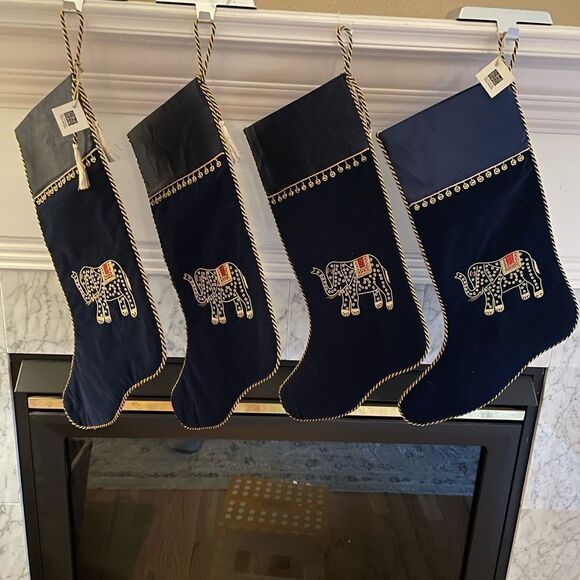 Ten Thousand Villages Beaded Elephant Velour Dark Blue and Gold Stockings x 4 - Picture 3 of 15